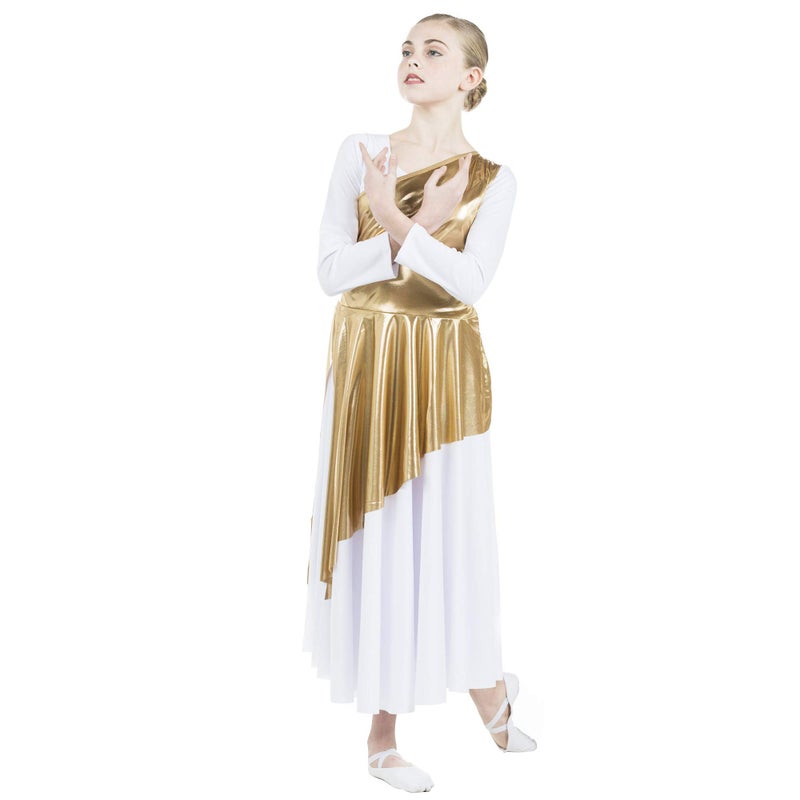 Danzcue Girlâ€™s Asymmetrical Dance Tunic Praise Dance Tunic for Girl (White Dress Not Included), Gold, Large-X-Large - Image 5